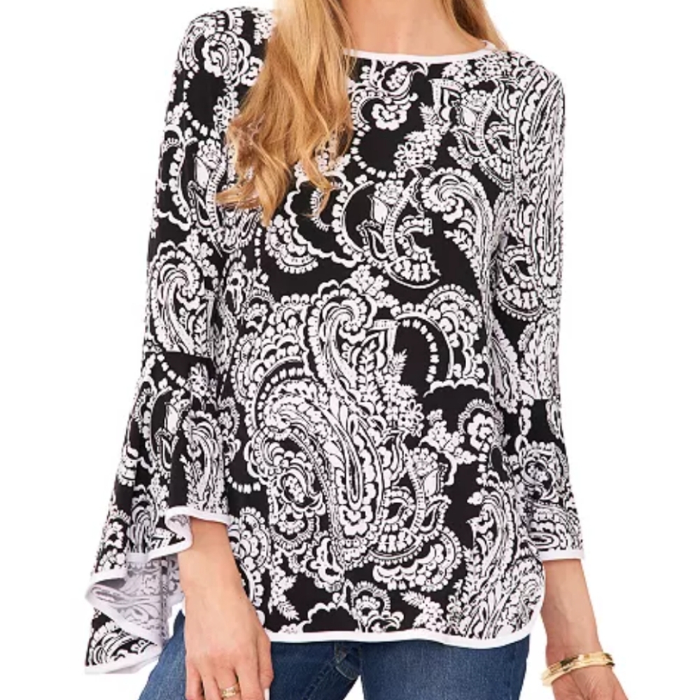 NWOT Sam & Jess Black and White Paisley 3/4 Bell-Sleeve Blouse